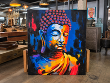 Charger l'image dans la galerie, Toile peinte à la main, buste de Bouddha en bleu, orange et rouge