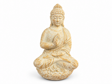 Charger l’image dans la galerie, Bouddha porte-encens en ciment beige au fini vieilli, assis sur un socle en lotus
