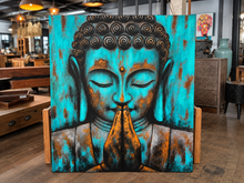 Charger l'image dans la galerie, Toile peinte à la main, Bouddha en prière sur fond turquoise et rouille