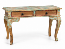 Load image into Gallery viewer, Console à deux tiroirs en bois patiné turquoise, pieds courbés et poignées en anneau