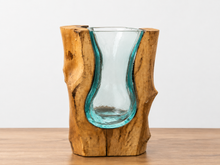 Load image into Gallery viewer, Vase en racine de teck et verre soufflé — vue de face