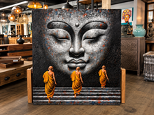 Charger l'image dans la galerie, Toile peinte à la main, visage de Bouddha en gris et trois moines en robe orange