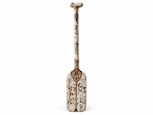 Load image into Gallery viewer, Wooden decorative paddle with distressed white finish, patterns engraved on the blade and handle