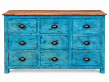 Load image into Gallery viewer, Commode 9 tiroirs peinte en bleu usé, plateau en bois naturel et poignées coquille