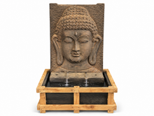 Charger l'image dans la galerie, Fontaine Bouddha en béton ton sable, panneau sculpté et bassin