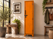 Charger l'image dans la galerie, Casier vestiaire orange à une porte dans une entrée, à côté d'un banc en bois
