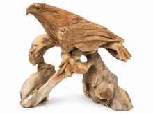 Charger l'image dans la galerie, Aigle sculpté en bois aux ailes repliées, perché sur une base en racine brute