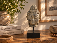 Charger l'image dans la galerie, Petite tête de Bouddha en ciment au fini vieilli, montée sur un socle noir