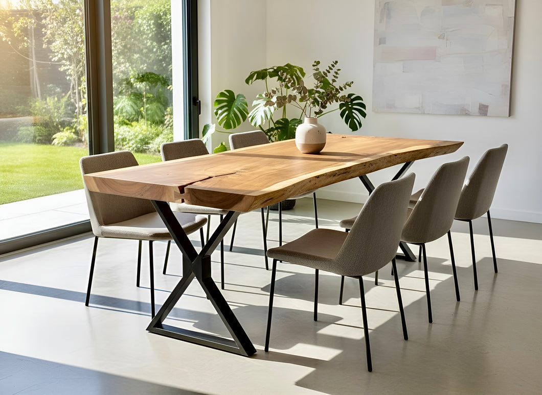 Live edge dining table made of solid Suar wood