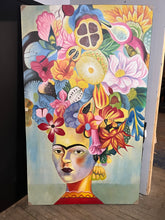 Load image into Gallery viewer, Grande toile, portrait de femme coiffée de fleurs et de fruits sur fond bleu